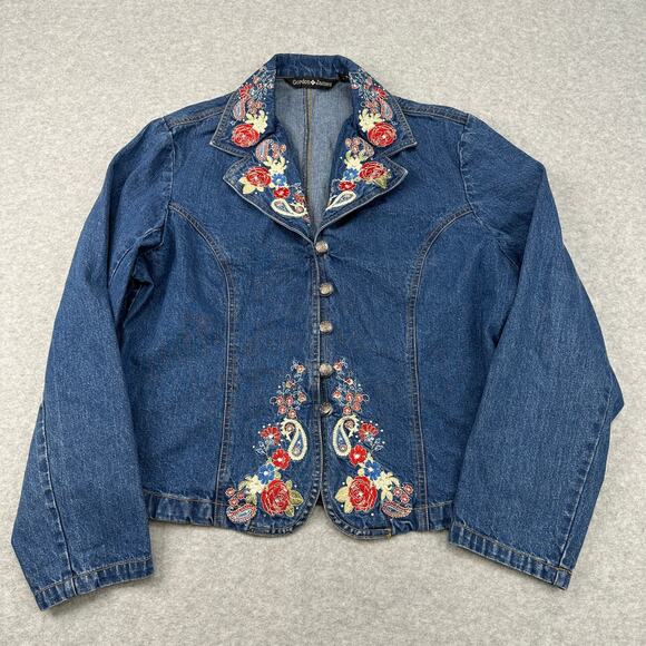 Gordon James Jean Jacket Sz XL Dark Wash Denim Floral Paisley Embroidered Blazer - Picture 2 of 12